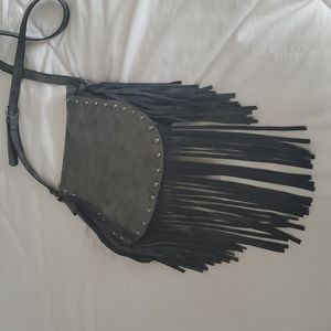 Gray suede fringed hobo bag